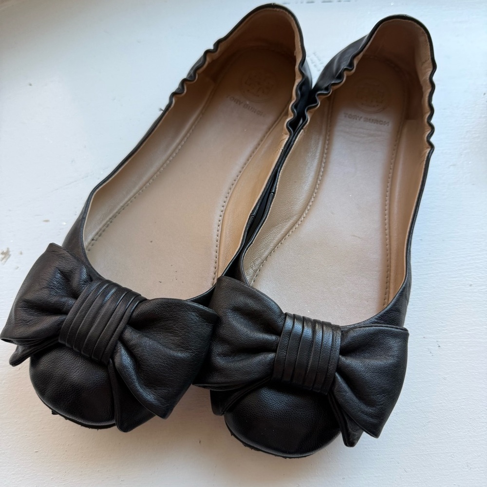 Tory Burch Black Leather Devine Bow Ballet Flats